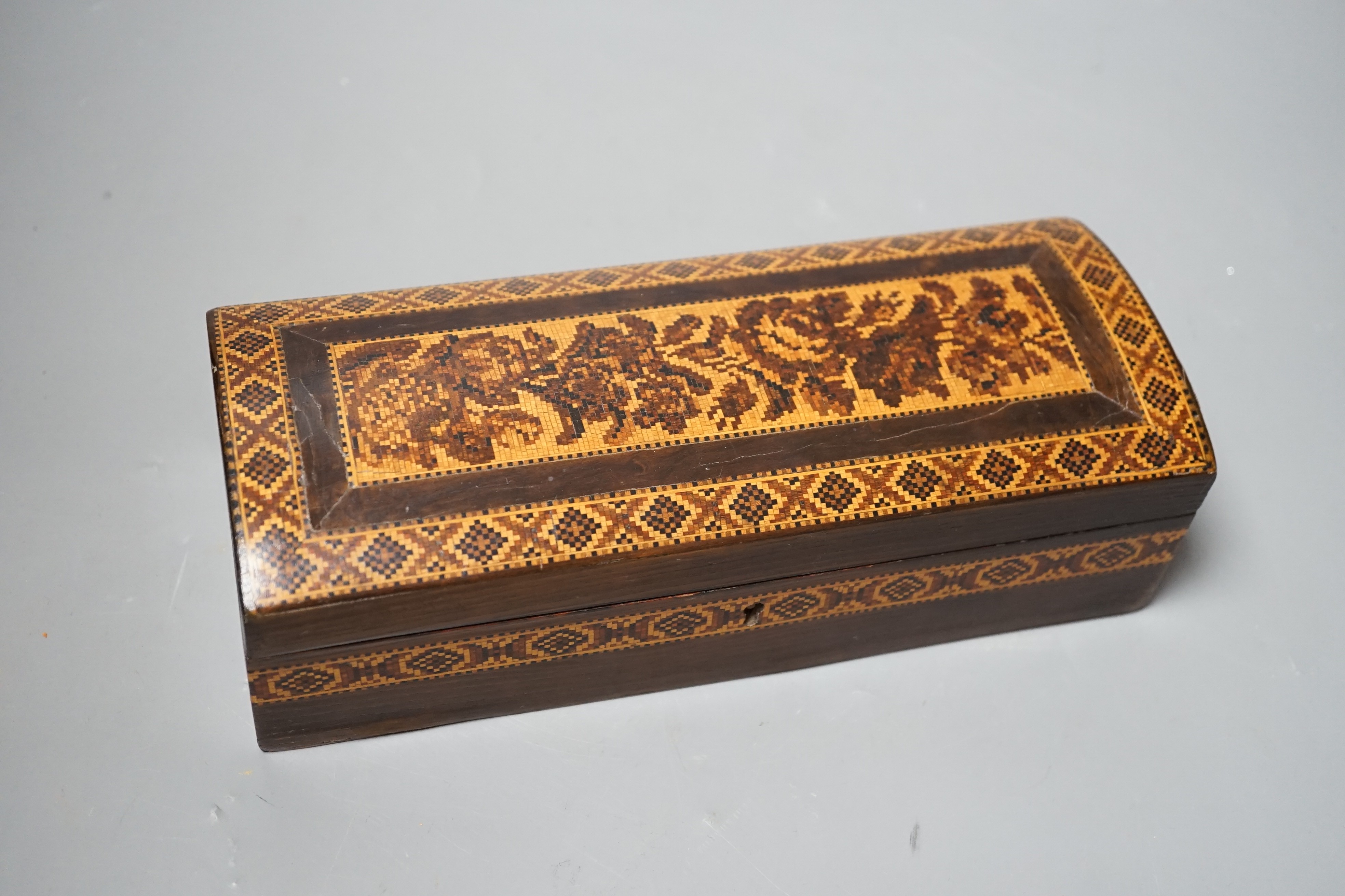 A late 19th century Tunbridge ware rosewood and mosaic dome top glove box, 23cm wide